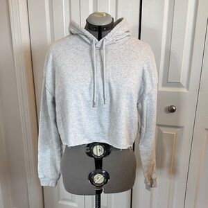 90 Degree By Reflex Light Gray Cropped Hoodie with Distressed Hem